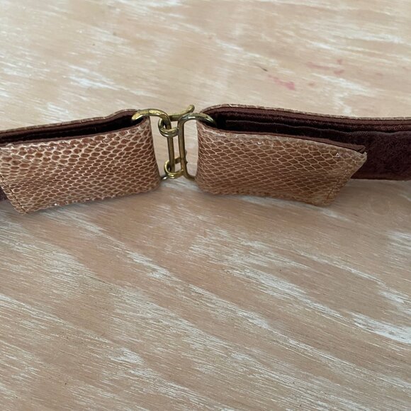 Vintage Wide Brown Reptile Design Contour Belt w/ Wooden Accents & Shell Inlays